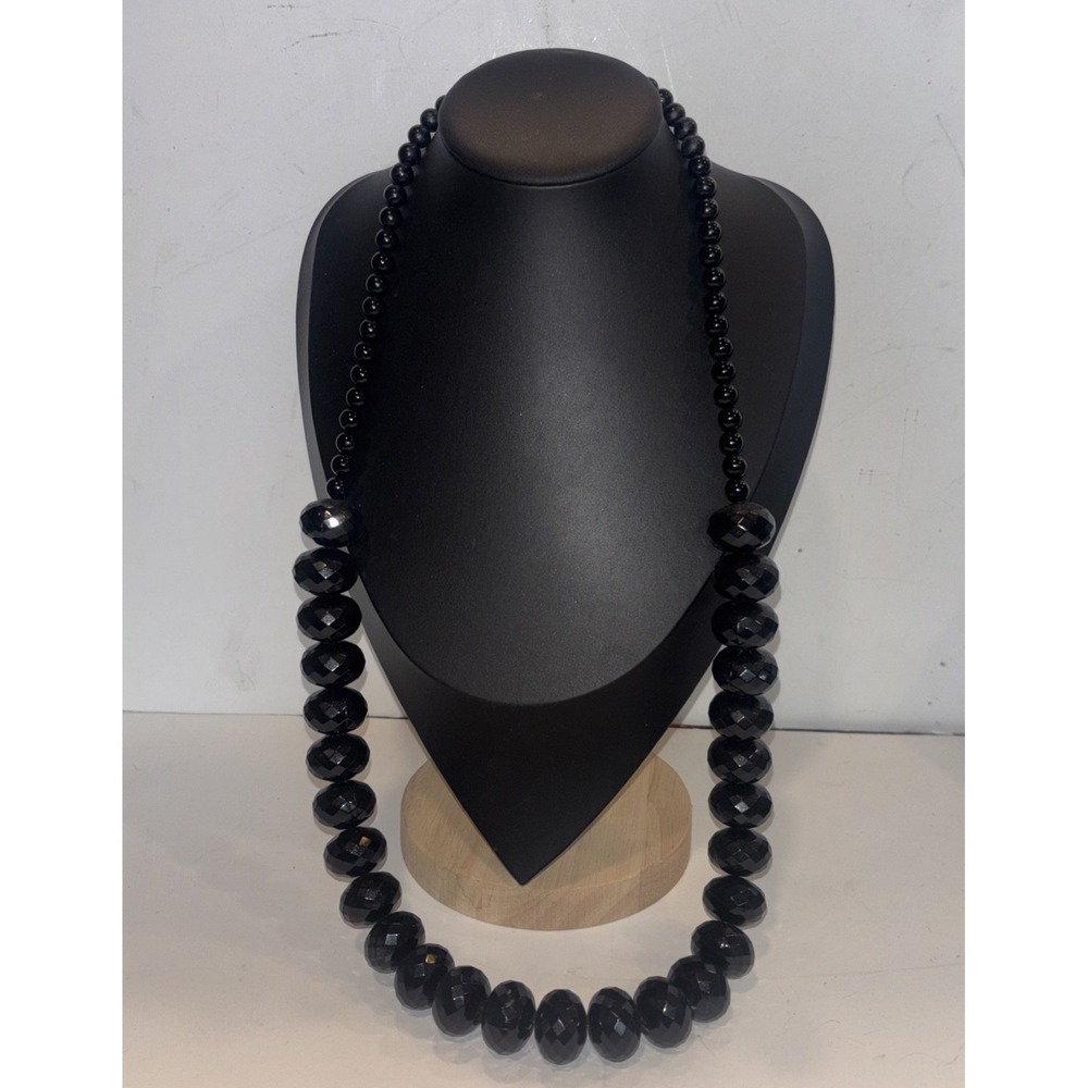 Vintage Graduated Black Faceted Bead Necklace 31" Chunky Mid Century Lucite